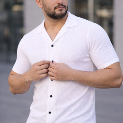 Erkek Waffle Dokuma Kumaş Açık Yakalı Düğmeli Gömlek 2’li Set Beyaz-Gri