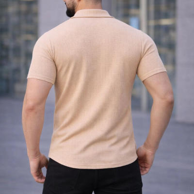 Erkek Waffle Dokuma Kumaş Açık Yakalı Düğmeli Gömlek 2’li Set Haki-Bej