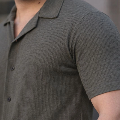 Erkek Waffle Dokuma Kumaş Açık Yakalı Düğmeli Gömlek 2’li Set Haki-Bej