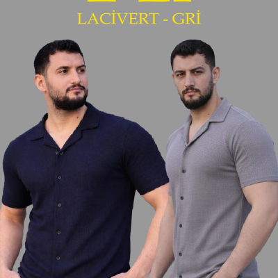 Erkek Waffle Kumaş Açık Yakalı Düğmeli Regular Fit Gömlek 2’li Set Lacivert-Gri