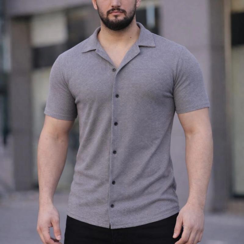 Erkek Waffle Kumaş Açık Yakalı Düğmeli Regular Fit Gömlek 2’li Set Lacivert-Gri