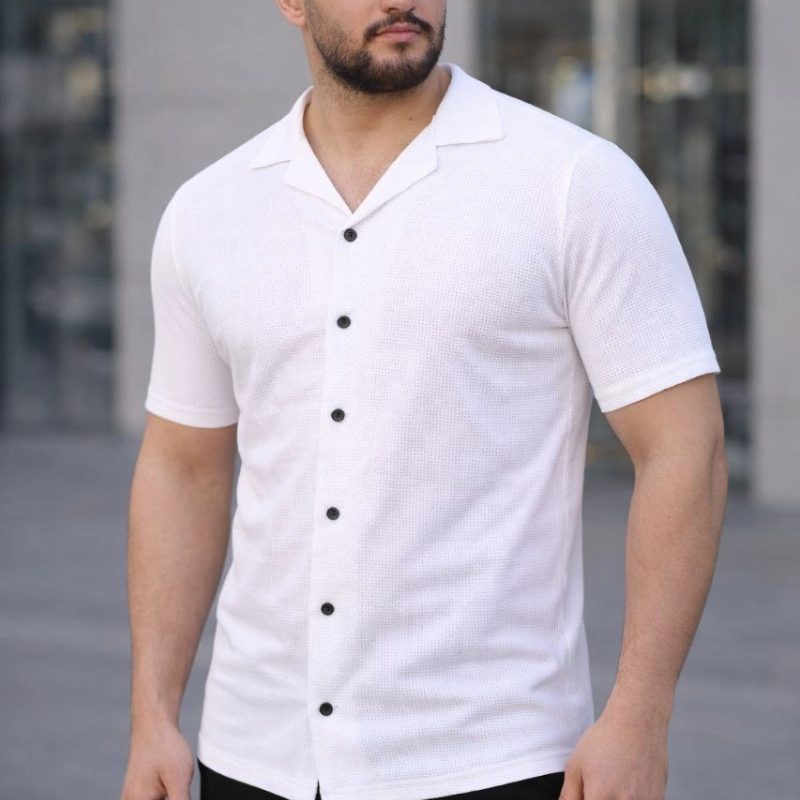 Erkek Waffle Kumaş Açık Yakalı Düğmeli Regular Fit Gömlek 2’li Set Siyah-Beyaz