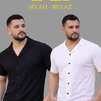 Erkek Waffle Kumaş Açık Yakalı Düğmeli Regular Fit Gömlek 2’li Set Siyah-Beyaz