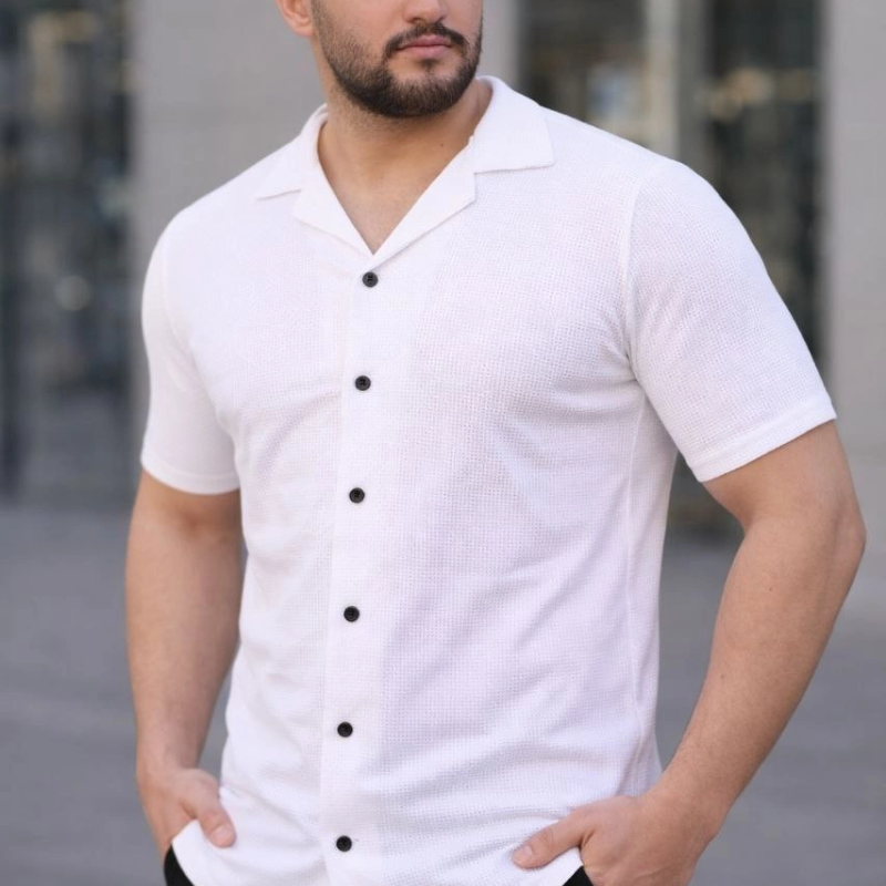 Erkek Waffle Kumaş Açık Yakalı Düğmeli Regular Fit Gömlek 2’li Set Siyah-Beyaz