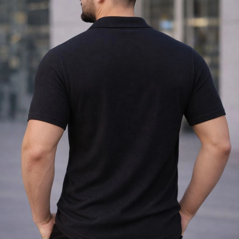 Erkek Waffle Kumaş Açık Yakalı Düğmeli Regular Fit Gömlek 2’li Set Siyah-Beyaz