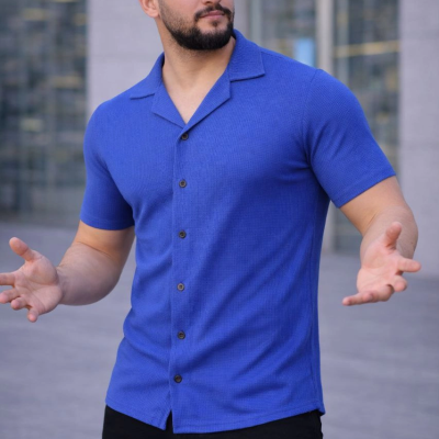 Erkek Waffle Kumaş Açık Yakalı Düğmeli Regular Fit Gömlek 2’li Set Siyah-Saks Mavisi