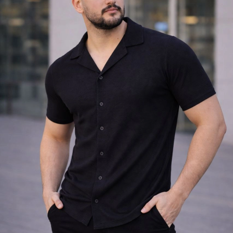 Erkek Waffle Kumaş Açık Yakalı Düğmeli Regular Fit Gömlek 2’li Set Siyah-Saks Mavisi