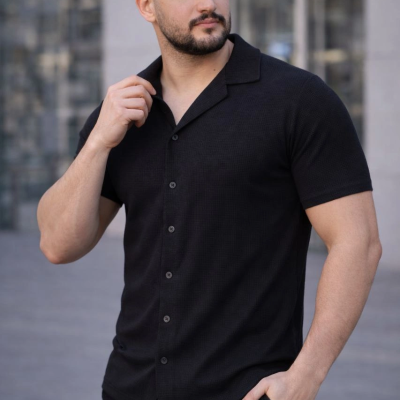 Erkek Waffle Kumaş Açık Yakalı Düğmeli Regular Fit Gömlek 2’li Set Siyah-Saks Mavisi