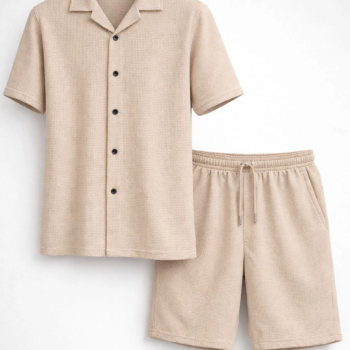 Erkek Waffle Kumaş Kısa Kol Gömlek Şort Takım Regular Yazlık İkili Set - Bej