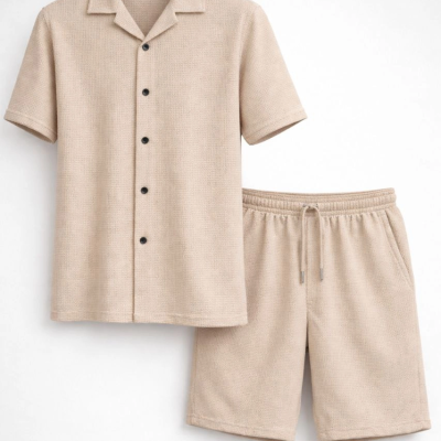 Erkek Waffle Kumaş Kısa Kol Gömlek Şort Takım Regular Yazlık İkili Set - Bej