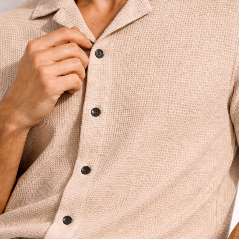 Erkek Waffle Kumaş Kısa Kol Gömlek Şort Takım Regular Yazlık İkili Set - Bej