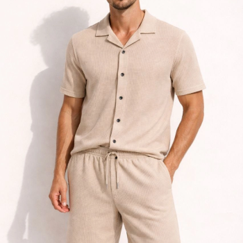 Erkek Waffle Kumaş Kısa Kol Gömlek Şort Takım Regular Yazlık İkili Set - Bej
