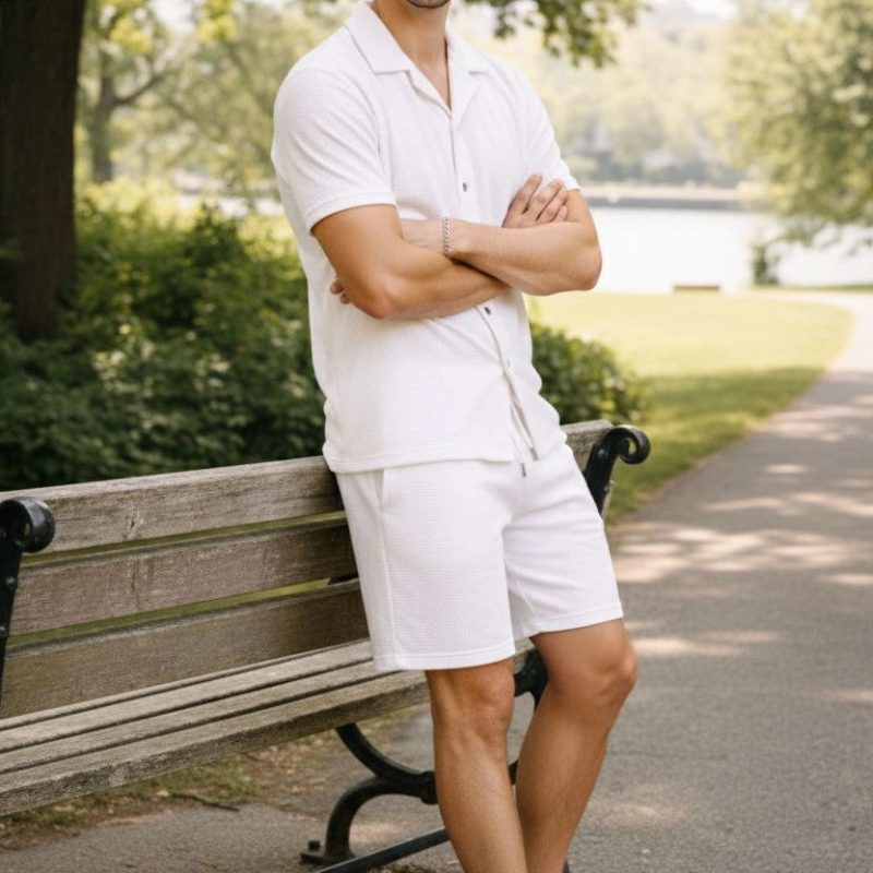 Erkek Waffle Kumaş Kısa Kol Gömlek Şort Takım Regular Yazlık İkili Set - Beyaz