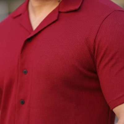 Erkek Waffle Kumaş Kısa Kol Gömlek Şort Takım Regular Yazlık İkili Set - Bordo