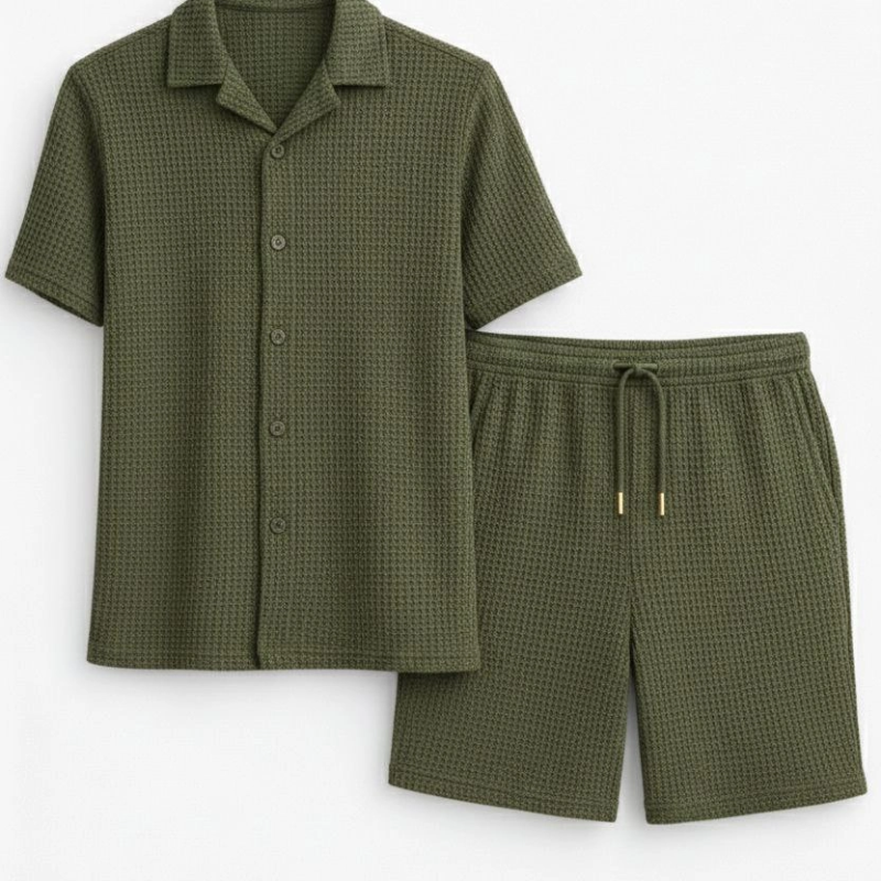 Erkek Waffle Kumaş Kısa Kol Gömlek Şort Takım Regular Yazlık İkili Set - Haki