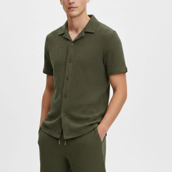 Erkek Waffle Kumaş Kısa Kol Gömlek Şort Takım Regular Yazlık İkili Set - Haki