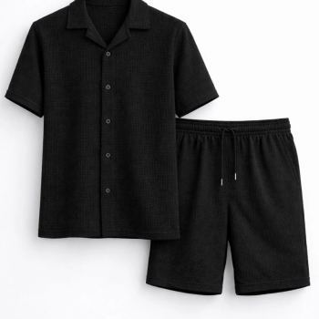 Erkek Waffle Kumaş Kısa Kol Gömlek Şort Takım Regular Yazlık İkili Set - Siyah