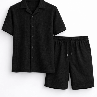 Erkek Waffle Kumaş Kısa Kol Gömlek Şort Takım Regular Yazlık İkili Set - Siyah