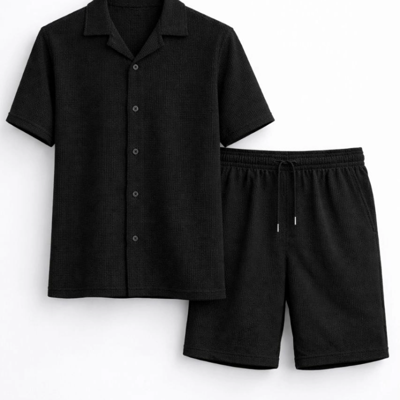 Erkek Waffle Kumaş Kısa Kol Gömlek Şort Takım Regular Yazlık İkili Set - Siyah