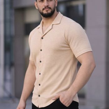 Erkek Waffle Kumaş Kısa Kollu Düğmeli Açık Yaka Regular Fit Gömlek - Bej