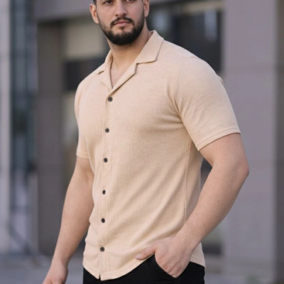 Erkek Waffle Kumaş Kısa Kollu Düğmeli Açık Yaka Regular Fit Gömlek - Bej
