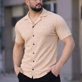 Erkek Waffle Kumaş Kısa Kollu Düğmeli Açık Yaka Regular Fit Gömlek - Bej