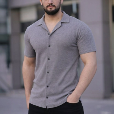 Erkek Waffle Kumaş Kısa Kollu Düğmeli Açık Yaka Regular Fit Gömlek - Gri