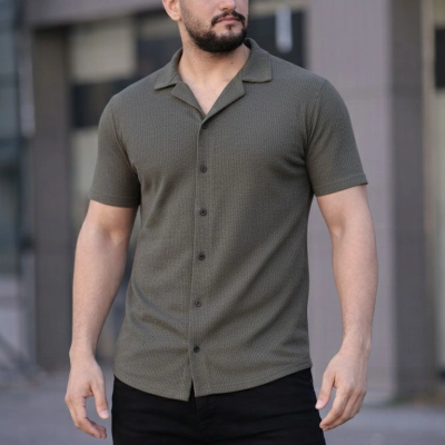 Erkek Waffle Kumaş Kısa Kollu Düğmeli Açık Yaka Regular Fit Gömlek - Haki