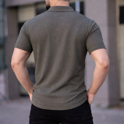 Erkek Waffle Kumaş Kısa Kollu Düğmeli Açık Yaka Regular Fit Gömlek - Haki