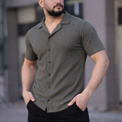 Erkek Waffle Kumaş Kısa Kollu Düğmeli Açık Yaka Regular Fit Gömlek - Haki