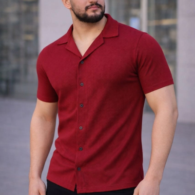 Erkek Waffle Kumaş Kısa Kollu Düğmeli Açık Yaka Regular Fit Gömlek - Kırmızı