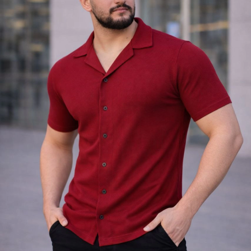 Erkek Waffle Kumaş Kısa Kollu Düğmeli Açık Yaka Regular Fit Gömlek - Kırmızı