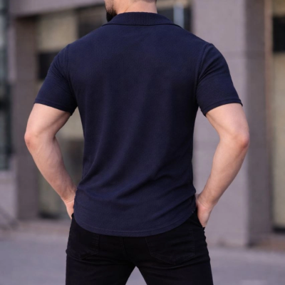 Erkek Waffle Kumaş Kısa Kollu Düğmeli Açık Yaka Regular Fit Gömlek - Lacivert