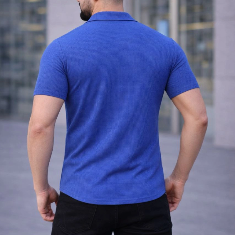 Erkek Waffle Kumaş Kısa Kollu Düğmeli Açık Yaka Regular Fit Gömlek - Saks Mavisi