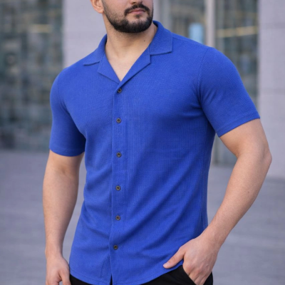 Erkek Waffle Kumaş Kısa Kollu Düğmeli Açık Yaka Regular Fit Gömlek - Saks Mavisi