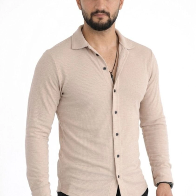 Erkek Waffle Kumaş Uzun Kollu Düğmeli Açık Yaka Regular Fit Gömlek - Bej