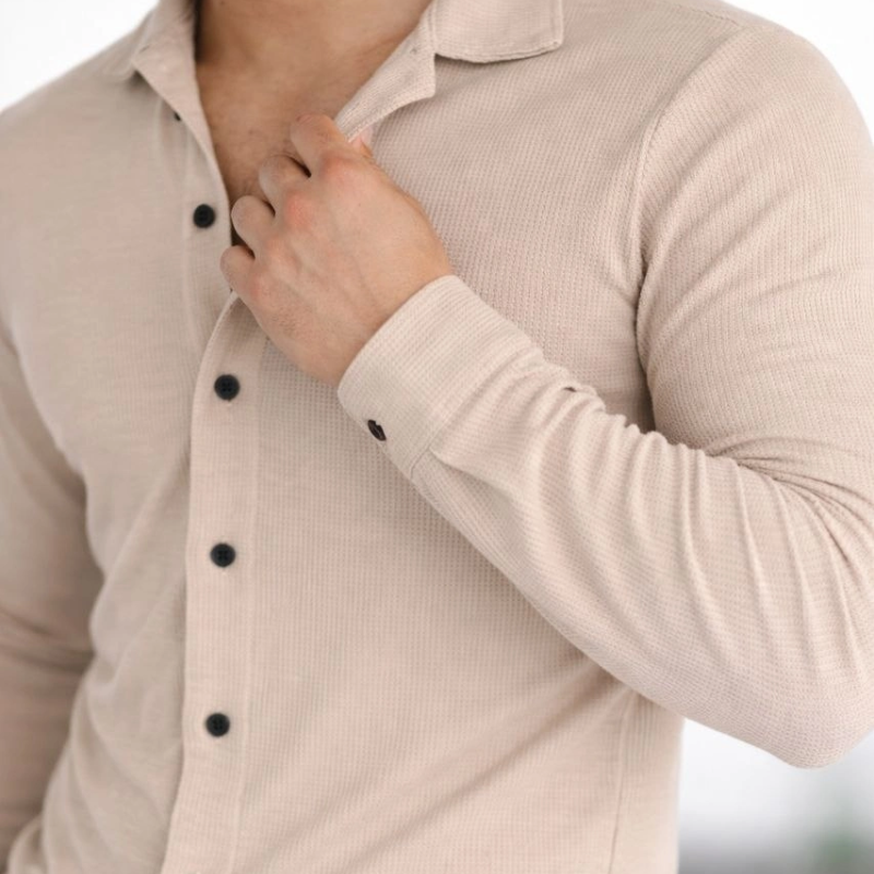 Erkek Waffle Kumaş Uzun Kollu Düğmeli Açık Yaka Regular Fit Gömlek - Bej
