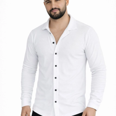 Erkek Waffle Kumaş Uzun Kollu Düğmeli Açık Yaka Regular Fit Gömlek - Beyaz