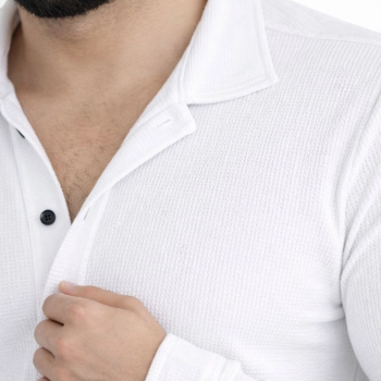 Erkek Waffle Kumaş Uzun Kollu Düğmeli Açık Yaka Regular Fit Gömlek - Beyaz