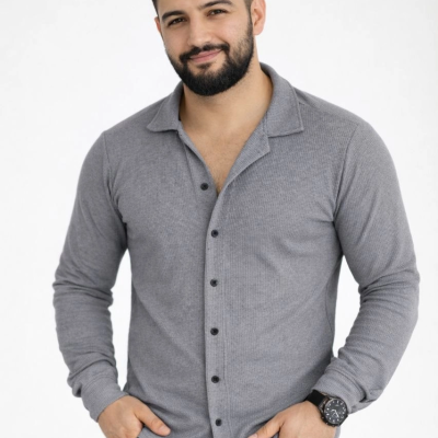 Erkek Waffle Kumaş Uzun Kollu Düğmeli Açık Yaka Regular Fit Gömlek - Füme