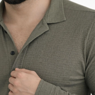 Erkek Waffle Kumaş Uzun Kollu Düğmeli Açık Yaka Regular Fit Gömlek - Haki