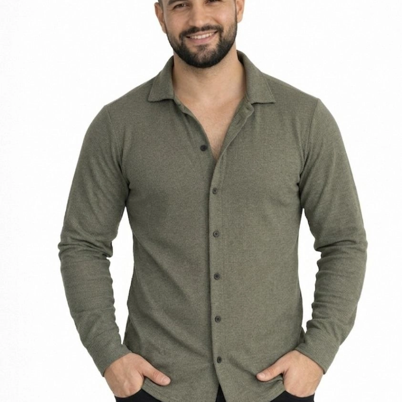 Erkek Waffle Kumaş Uzun Kollu Düğmeli Açık Yaka Regular Fit Gömlek - Haki