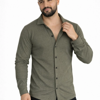 Erkek Waffle Kumaş Uzun Kollu Düğmeli Açık Yaka Regular Fit Gömlek - Haki