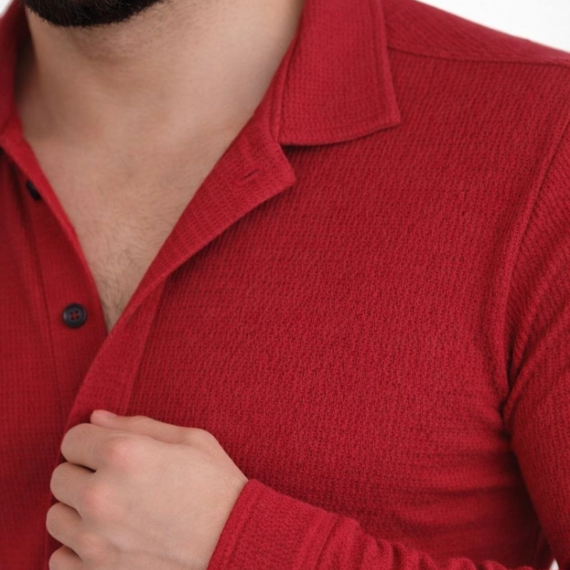 Erkek Waffle Kumaş Uzun Kollu Düğmeli Açık Yaka Regular Fit Gömlek - Kırmızı