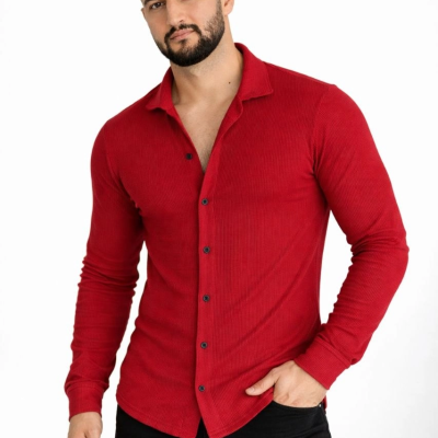 Erkek Waffle Kumaş Uzun Kollu Düğmeli Açık Yaka Regular Fit Gömlek - Kırmızı