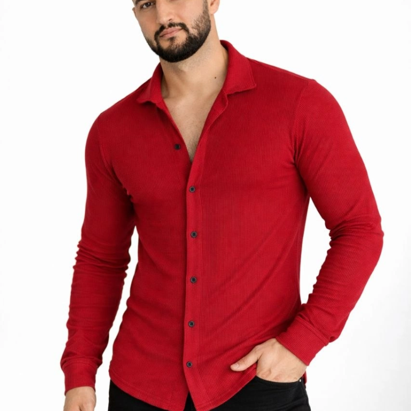 Erkek Waffle Kumaş Uzun Kollu Düğmeli Açık Yaka Regular Fit Gömlek - Kırmızı