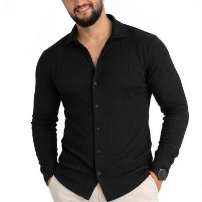 Erkek Waffle Kumaş Uzun Kollu Düğmeli Açık Yaka Regular Fit Gömlek - Siyah