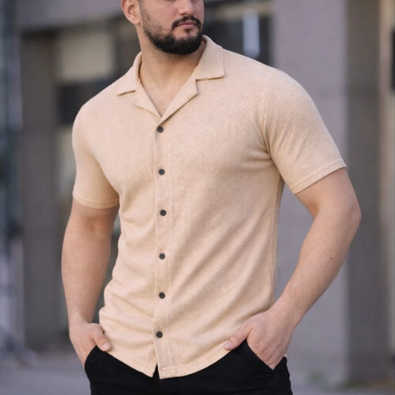 Erkek Waffle Kumaş Yakalı Kısa Kol Düğmeli Gömlek 3’lü Set Bej-Beyaz-Lacivert