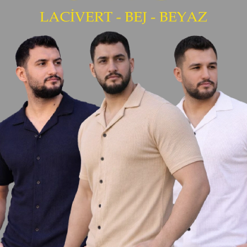 Erkek Waffle Kumaş Yakalı Kısa Kol Düğmeli Gömlek 3’lü Set Bej-Beyaz-Lacivert