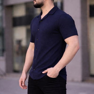 Erkek Waffle Kumaş Yakalı Kısa Kol Düğmeli Gömlek 3’lü Set Bej-Beyaz-Lacivert